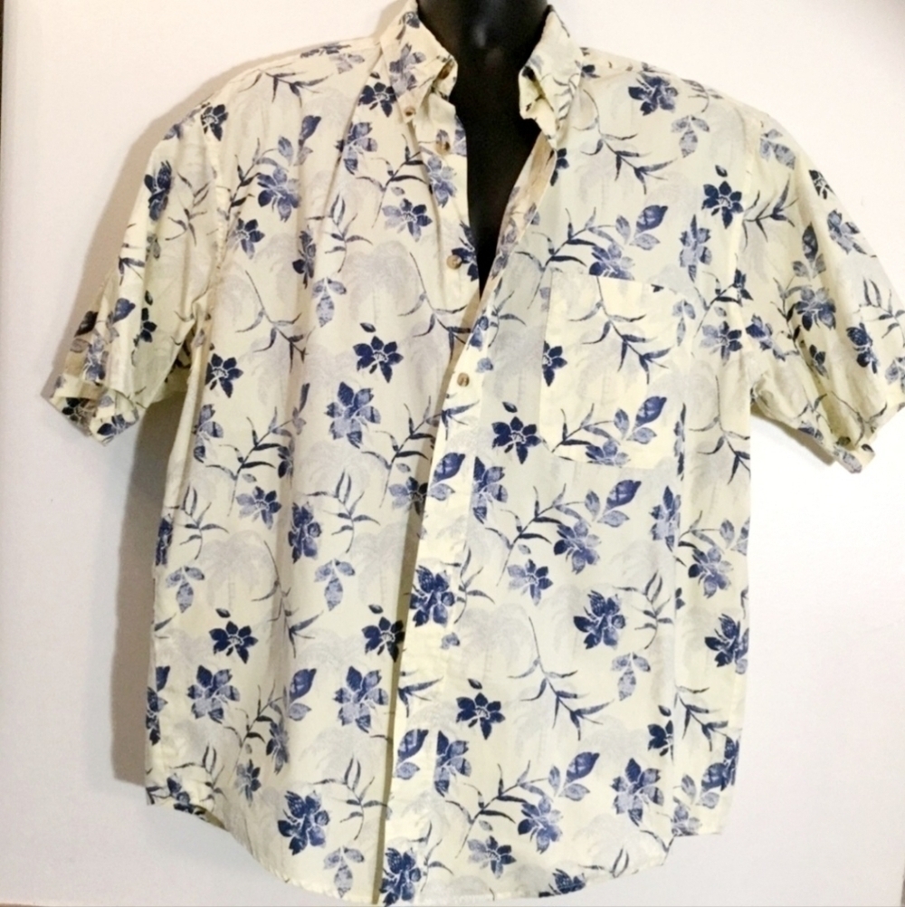Natural Issue Hawaiian Blue Off-White Men’s Large L Wrinkle Free 100% Cotton EUC